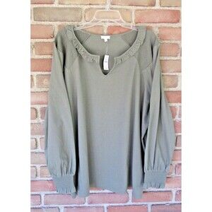 Talbots Plus 3X  Peasant Top Olive Green Split Neck Smocked Ruffle Neckline NWT